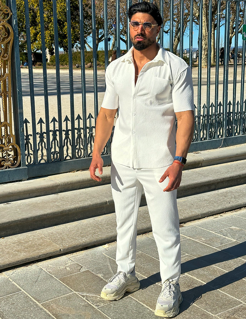 Ensemble pantalon & chemise manches courtes côtelé