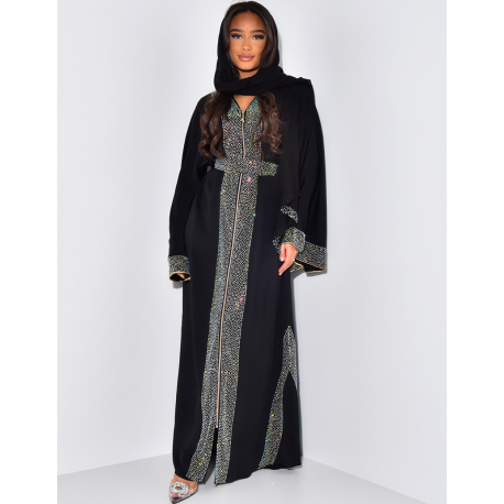 Abaya made in Dubai à strass & fermeture éclair + voile assorti