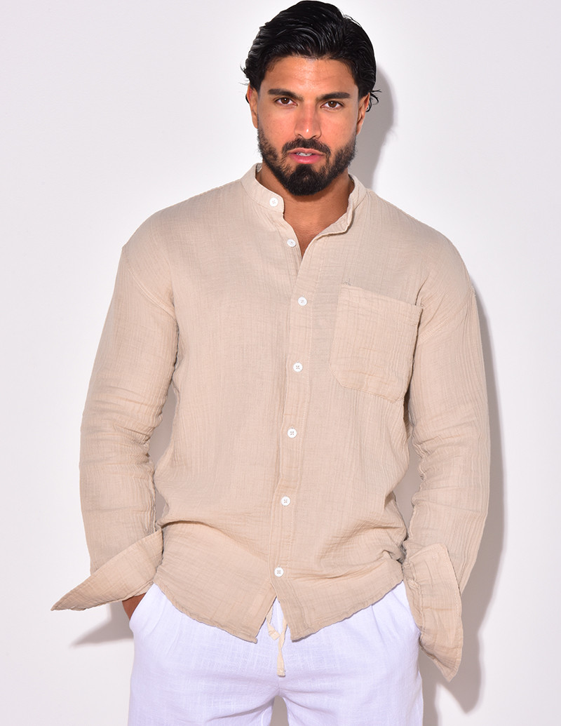 Chemise manches longues en lin effet nid d'abeille