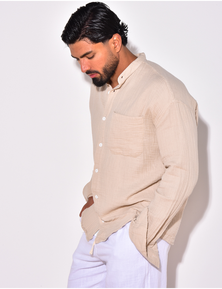 Chemise manches longues en lin effet nid d'abeille Chemise manches longues en lin effet nid d'abeille