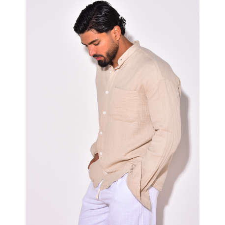 Chemise manches longues en lin effet nid d'abeille Chemise manches longues en lin effet nid d'abeille