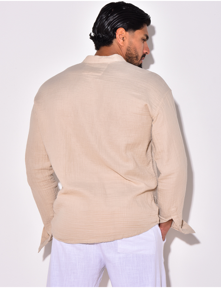 Chemise manches longues en lin effet nid d'abeille Chemise manches longues en lin effet nid d'abeille