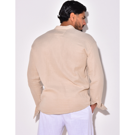 Chemise manches longues en lin effet nid d'abeille Chemise manches longues en lin effet nid d'abeille