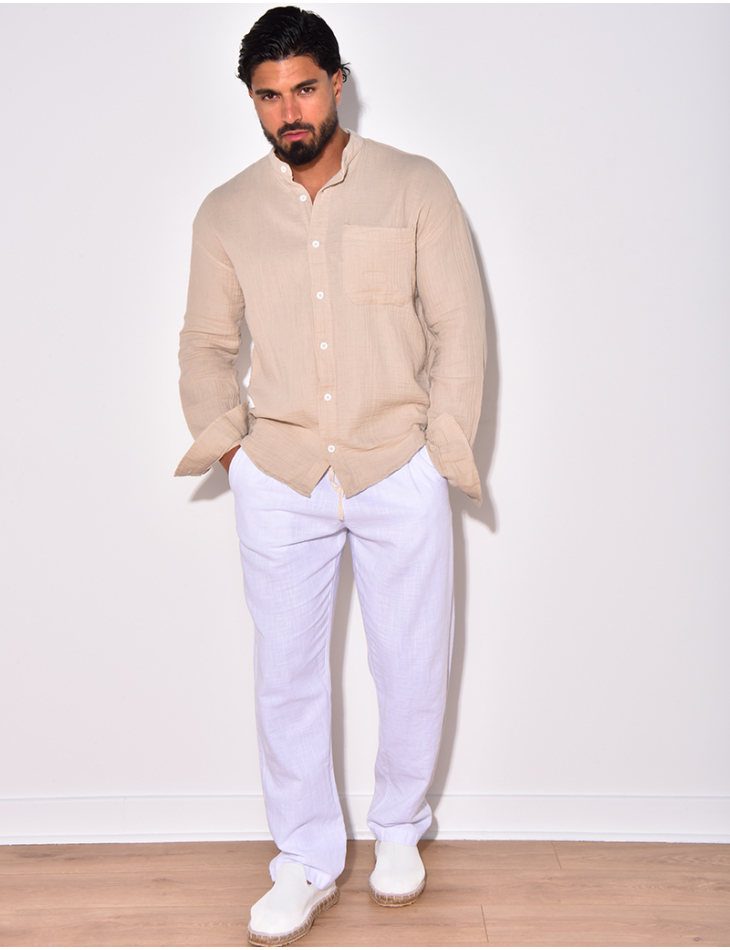 Chemise manches longues en lin effet nid d'abeille Chemise manches longues en lin effet nid d'abeille