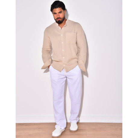 Chemise manches longues en lin effet nid d'abeille Chemise manches longues en lin effet nid d'abeille