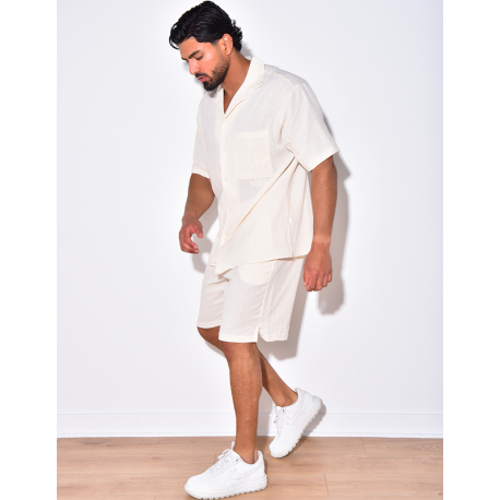 Ensemble en lin short et chemise avec une fleur brodée