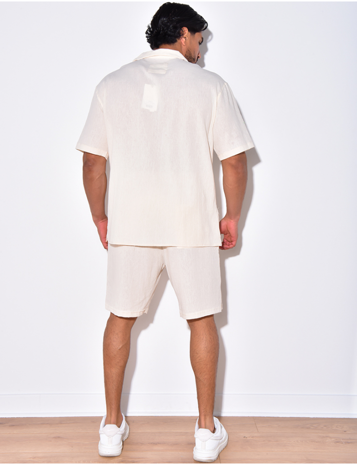 Ensemble en lin short et chemise avec une fleur brodée