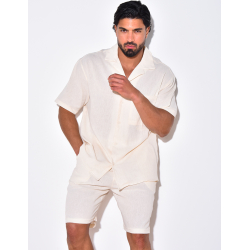 Ensemble en lin short et chemise avec une fleur brodée