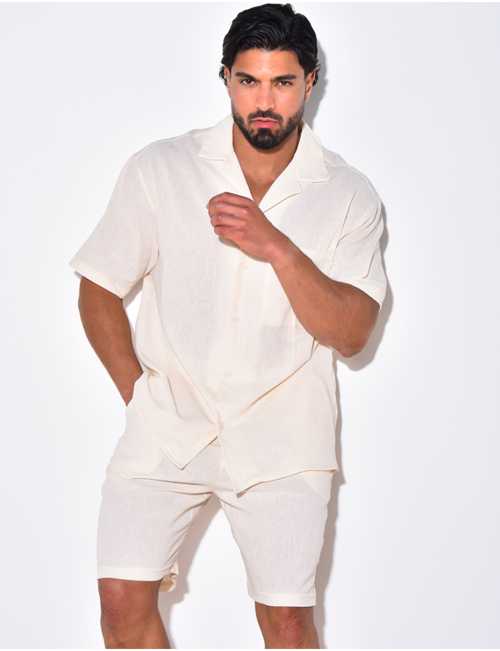 Ensemble en lin short et chemise avec une fleur brodée