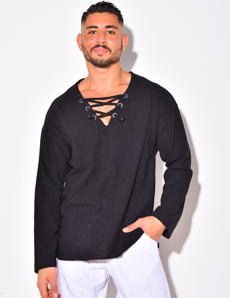 T-shirt manches longues uni avec cordelette