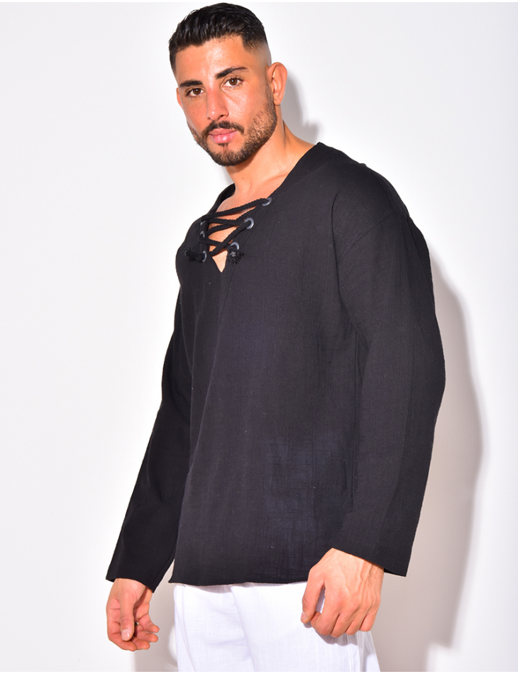 T-shirt manches longues uni avec cordelette