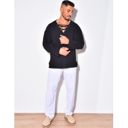 T-shirt manches longues uni avec cordelette