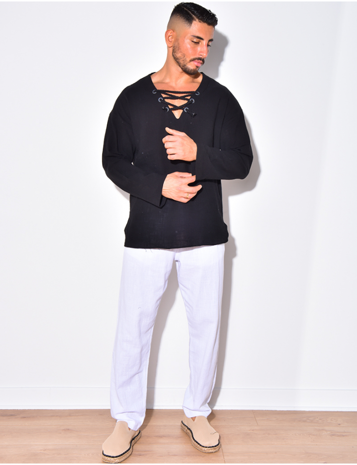 T-shirt manches longues uni avec cordelette