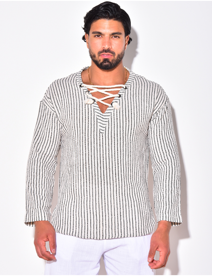T-shirt manches longues à rayures avec cordelette T-shirt manches longues à rayures avec cordelette