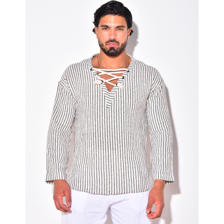 T-shirt manches longues à rayures avec cordelette T-shirt manches longues à rayures avec cordelette