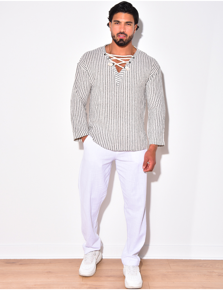 T-shirt manches longues à rayures avec cordelette T-shirt manches longues à rayures avec cordelette