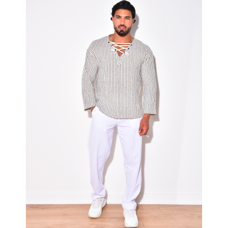 T-shirt manches longues à rayures avec cordelette T-shirt manches longues à rayures avec cordelette