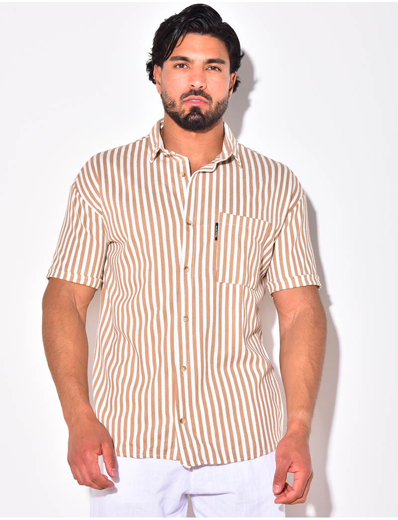 Chemise à rayures easy care grande taille beige