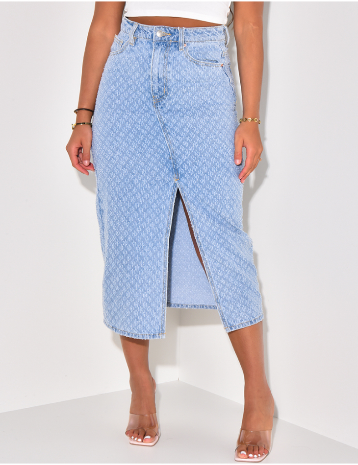 Jupe en jeans mi-longue fendue effet destroy Jupe en jeans mi-longue fendue effet destroy