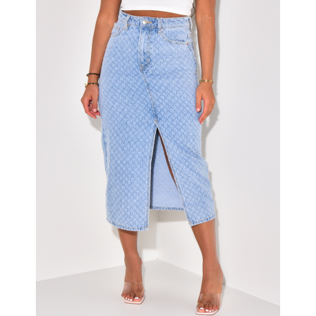 Jupe en jeans mi-longue fendue effet destroy Jupe en jeans mi-longue fendue effet destroy