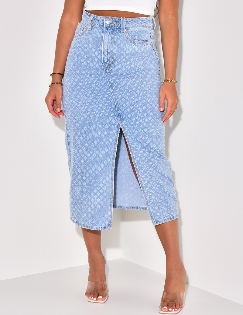 Jupe en jeans mi-longue fendue effet destroy