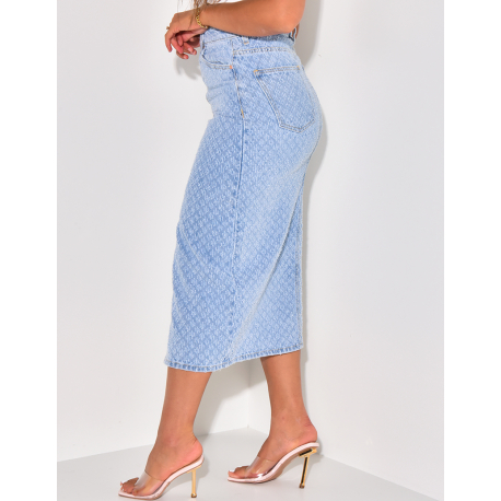 Jupe en jeans mi-longue fendue effet destroy Jupe en jeans mi-longue fendue effet destroy
