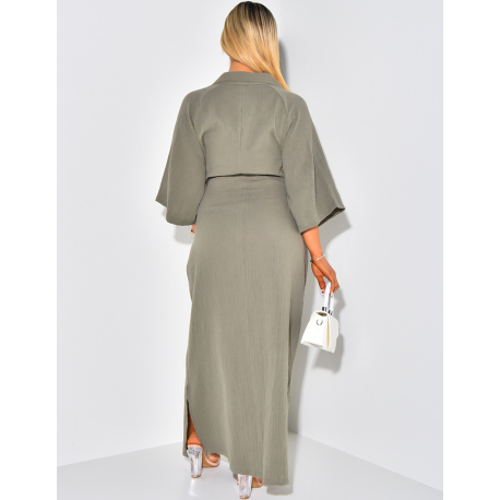 Robe longue en gaz de coton à col polo manches courtes