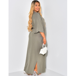 Robe longue en gaz de coton à col polo manches courtes