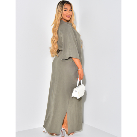 Robe longue en gaz de coton à col polo manches courtes