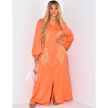 Robe longue à boutonner manches longues avec broderies