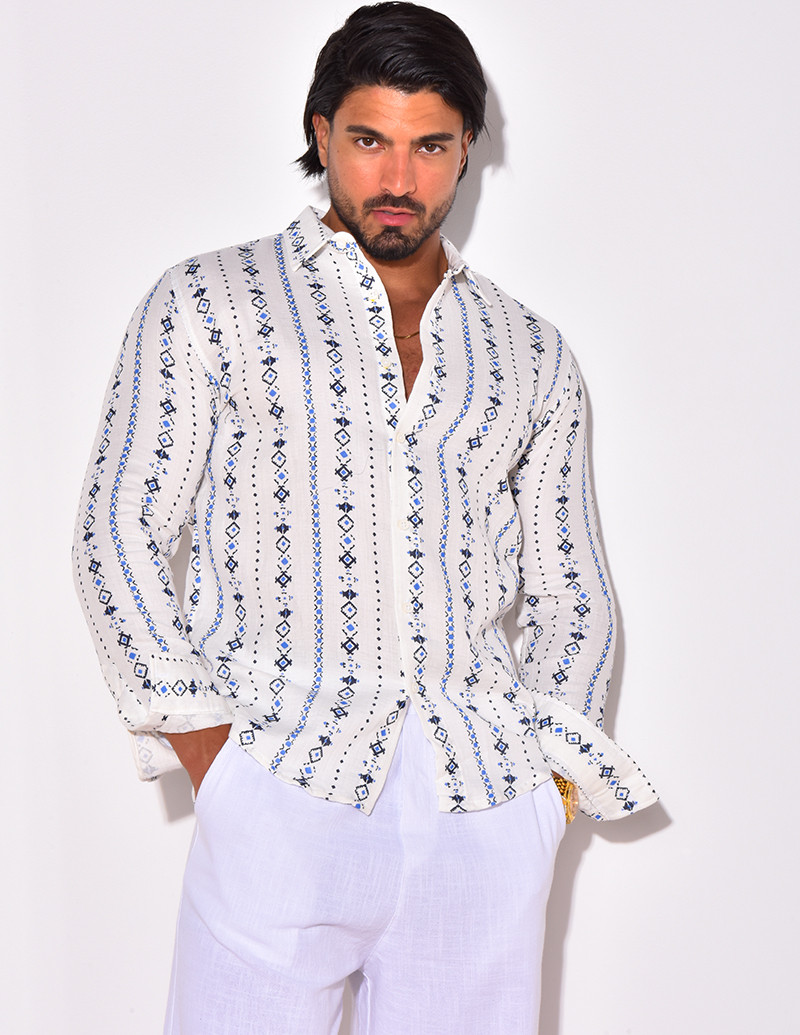Chemise manches longues en lin à motifs