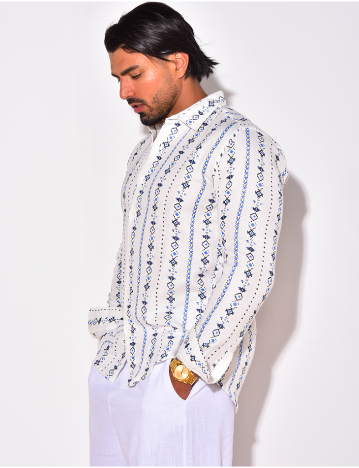 Chemise manches longues en lin à motifs Chemise manches longues en lin à motifs