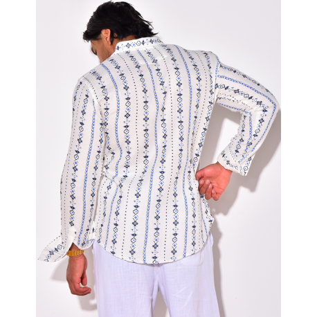 Chemise manches longues en lin à motifs Chemise manches longues en lin à motifs