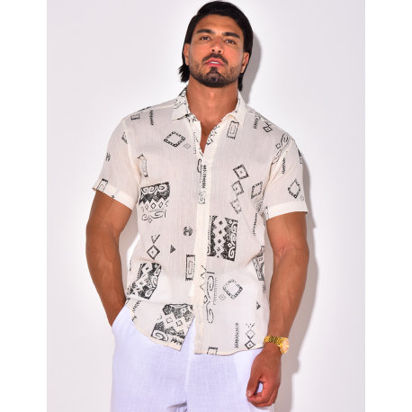 Chemise manches courtes en lin à motifs