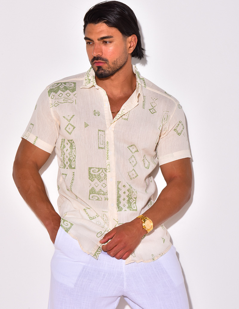 Chemise manches courtes en lin à motifs