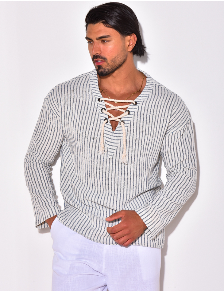 T-shirt manches longues à rayures avec cordelette T-shirt manches longues à rayures avec cordelette