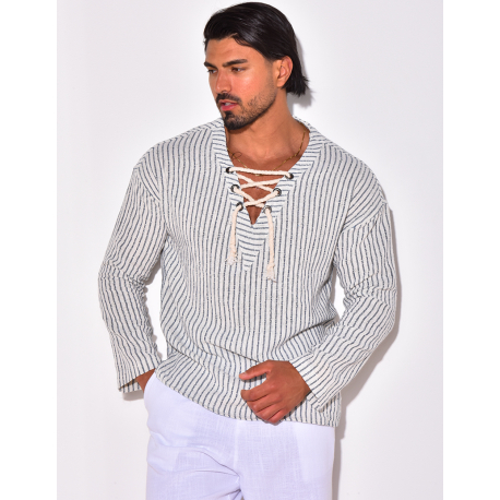 T-shirt manches longues à rayures avec cordelette T-shirt manches longues à rayures avec cordelette