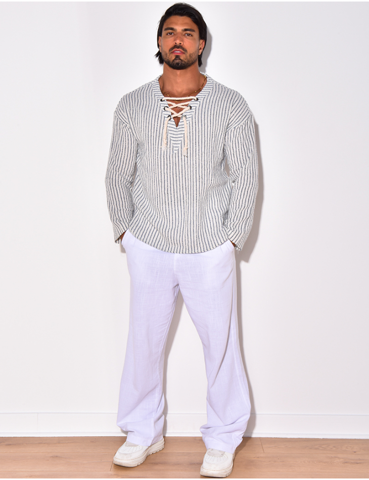 T-shirt manches longues à rayures avec cordelette T-shirt manches longues à rayures avec cordelette