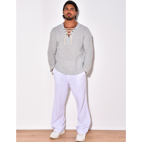 T-shirt manches longues à rayures avec cordelette T-shirt manches longues à rayures avec cordelette