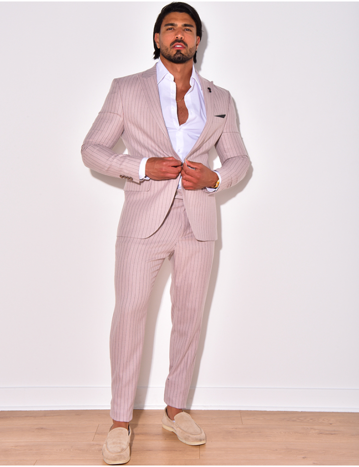 Costume Homme 3 Pièces Rayures Fines - Coupe Ajustée Blazer Pantalon Gilet - Pour Soirée, Mariage, Bureau