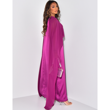 Robe longue sans manche en satin à voile au col