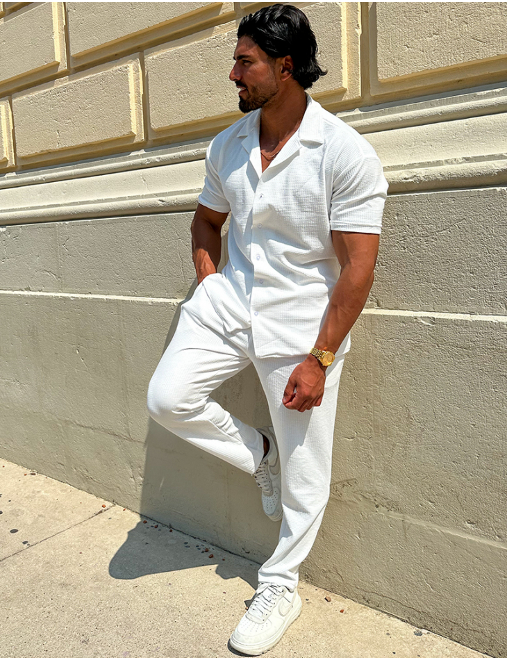 Ensemble pantalon et chemise en coton texturé