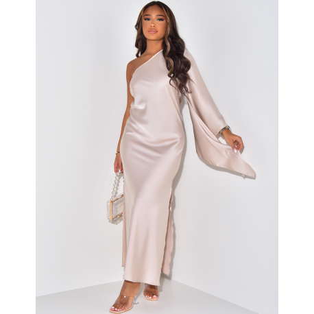 Asymmetrisches Satin-Kleid mit ausgestelltem Ärmel