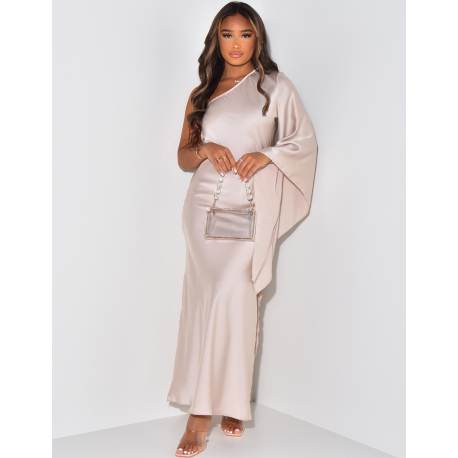 Asymmetrisches Satin-Kleid mit ausgestelltem Ärmel Asymmetrisches Satin-Kleid mit ausgestelltem Ärmel