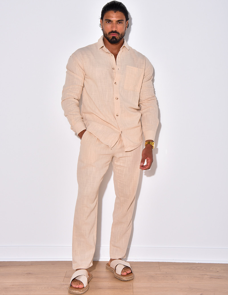 Ensemble en lin pantalon et chemise manches longues à poche