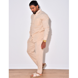 Ensemble en lin pantalon et chemise manches longues à poche Ensemble en lin pantalon et chemise manches longues à poche