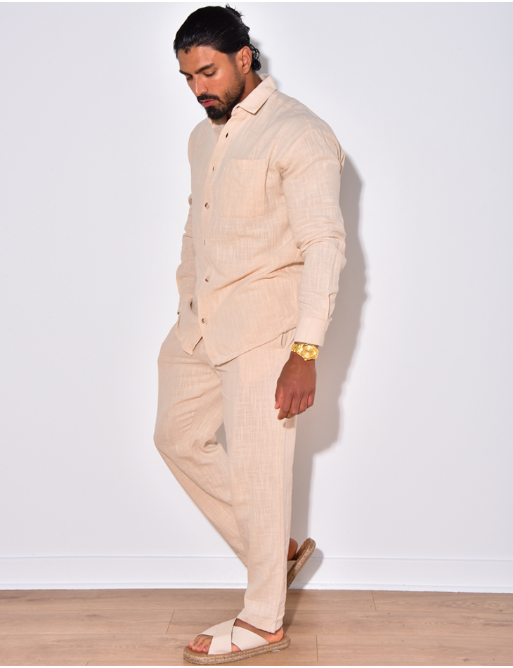 Ensemble en lin pantalon et chemise manches longues à poche Ensemble en lin pantalon et chemise manches longues à poche
