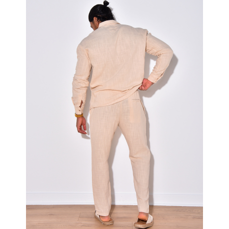 Ensemble en lin pantalon et chemise manches longues à poche Ensemble en lin pantalon et chemise manches longues à poche