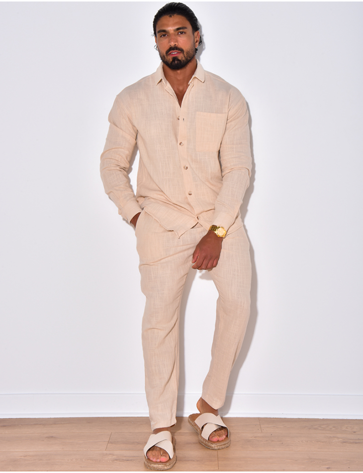 Ensemble en lin pantalon et chemise manches longues à poche Ensemble en lin pantalon et chemise manches longues à poche