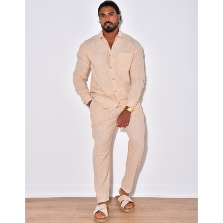 Ensemble en lin pantalon et chemise manches longues à poche Ensemble en lin pantalon et chemise manches longues à poche